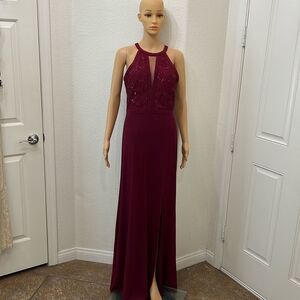 NW Nightway Merlot Red Dress Sz 8 Sequin Bodice Sleeveless Slit Front Maxi Gown